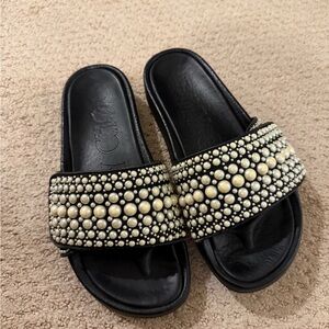 Jimmy Choo Black Slide Sandals with Ivory Pearl Studs